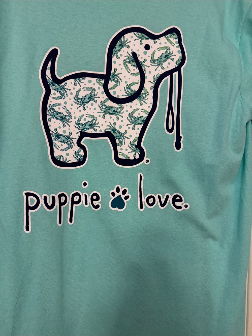 EUC Puppie Love Light Green/Teal short sleeve shirt-w/ Maryland Blue Crabs logo